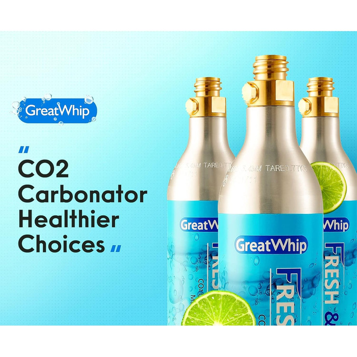 Циліндр 60 л для виробника газованої води, карбонатор преміум-класу, що загвинчується, сумісний із звичайними виробниками газованої води, SodaStream, Aarke тощо, 425 г перероблений різьбовий циліндр * Не для швидкого підключення, 2 шт., CO2