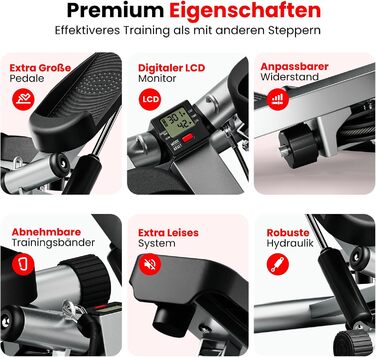 Степер Ultrasport Swing для домашнього використання, міні-степер 2-в-1 з підйомом/внизом, силовими тросами та РК-дисплеєм, тихий, нековзний, регульований рівень, фітнес-степер з тренувальним комп&39ютером еспандер