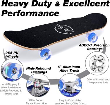 Дюймів Повний круїзерний скейтборд для дітей, підлітків та дорослих, 7-шарова увігнута дека з канадського клена Double Kick з універсальним T-Tool для початківців, колір Ocean Blue, 38