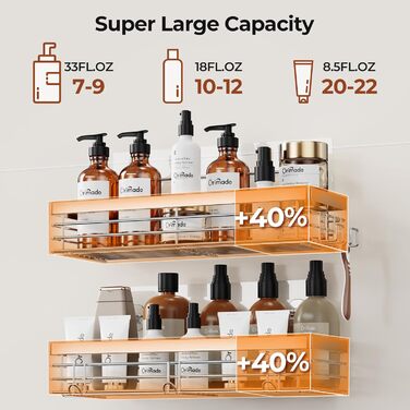 Полиця для душу Orimade без свердління - Душова полиця з 5 гачками, полиця для ванної кімнати без свердління, нержавіюча сталь, 2 шт., 01-Сріблястий