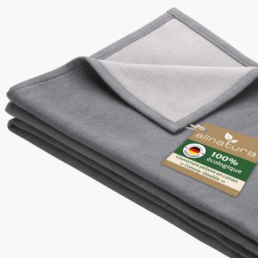 Великий пухнастий бавовняний плед allnatura Cotona-Double 140x200 см сірого кольору, зроблено в Німеччині - екологічний плед для дивана 100 органічна бавовна - плед, який можна прати в пральній машині, плед для дивана сірого кольору, двосторонній вигляд