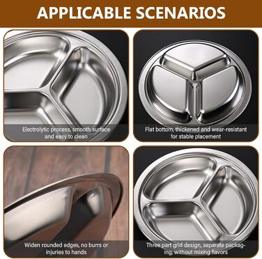 Набір з 3 тарілок з нержавіючої сталі, 24 см, розділені обідні тарілки з 3 секціями, для дітей, дорослих, кемпінгу та контролю порцій