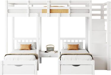 Двоярусне ліжко Billg 200x90 см для 3 дітей, дитяче ліжко із захистом від падіння, ліжко-горище з висувними ящиками, тумбочками і