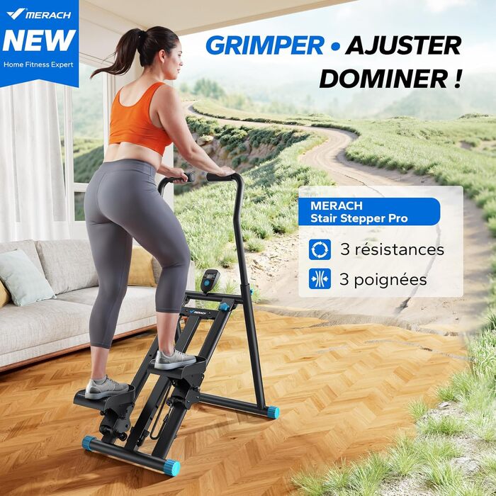Степер для сходів MERACH 2025 Pro, Stairmaster для дому з регульованими 3 рівнями опору, складний кардіо-степер Stairmaster з регульованими ручками для фітнес-обладнання для домашнього офісу, чорний