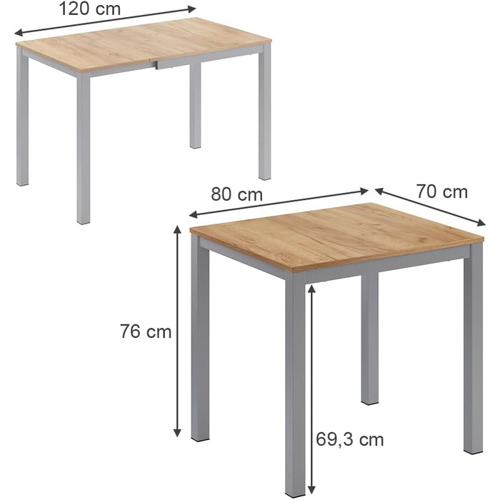 Обідній стіл Vicco Granny, дуб/сірий, 120 x 70 см, розсувний дуб/сірий 80-120 x 76 x 70