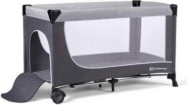 Дитяче ліжечко Kinderkraft LEODY зі спальним місцем 120 x 60 см, регульоване по висоті, з колесами, швидко та легко складається та розкладається, забезпечує циркуляцію повітря, легко транспортується з сумкою для перенесення, сірого кольору.