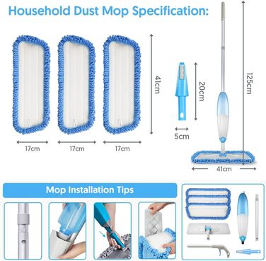 Швабра для підлоги з функцією розпилення, швабра TINA&TONY з функцією розпилення з резервуаром для води 435 мл, швабра для підлоги