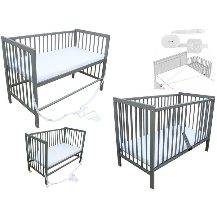 Дитяче ліжко Micoland - Приставне ліжко - Дитяче ліжко 120x60 см, що трансформується, з ремінцем, колесами та матрацом (сіре з матрацом)