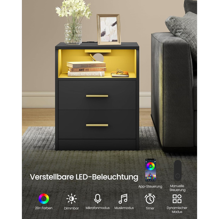 Колекція Custos - Тумбочка із зарядною станцією, комплект із 2 шт. , світлодіодне підсвічування, бічний столик, сучасний, з шухлядами, 2 розетками змінного струму та USB-портами, чорний колір LET829BC01 чорний колір 2 комплекти