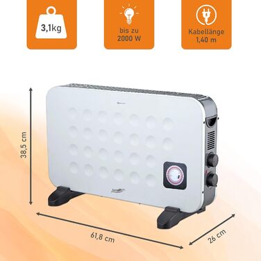 Портативний електричний обігрівач LEMODO - енергозберігаючий конвекторний обігрівач - електричний обігрівач з 2 рівнями потужності - безгазовий обігрівач - надійний електричний радіатор (1250 Вт / 2000 Вт) з таймером та функцією турбо