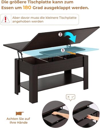 Журнальний столик з регульованою висотою, багатофункціональний стіл для вітальні 3-в-1, журнальний столик, приховане місце для зберігання, відкрите відділення, можна використовувати як обідній стіл, для вітальні, офісу, чорно-коричневий