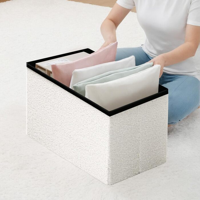 Пуф для зберігання Bonlife, складне кубічне сидіння з кришкою, флісова скриня-підніжка, білий колір, 42x32x32 см (42 Г x 32 Ш x 32 В см)