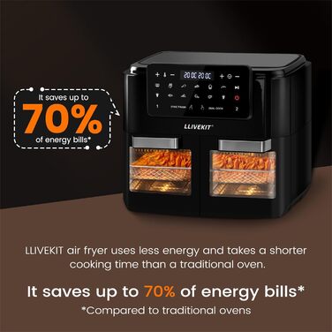Двозонна фритюрниця LLIVEKIT 12 л, фритюрниця з роздільником може бути розділена, підходить для приготування їжі в подвійній зоні 5.5 літрів, оглядового вікна, внутрішнього освітлення, 10 програм, 9 аксесуарів, чорний 12 л чорний Inox знімний