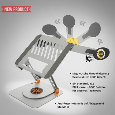 Стійка для ноутбука з магнітним тримачем для телефону, поворотна на 360 та регульована по висоті, виготовлена зі сталевого сплаву надміцна, складана, ергономічна з вентиляцією, для ноутбуків 1017,3 дюймів