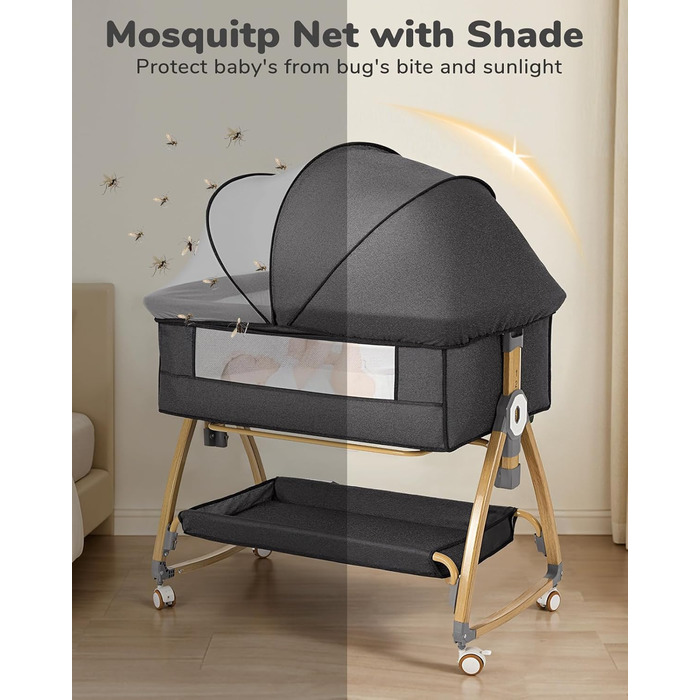 Дитяче ліжко COMOMY 3-в-1, дитяче ліжечко, дитяча колиска на колесах, включаючи матрац та москітну сітку, регулювання висоти в 6 напрямках