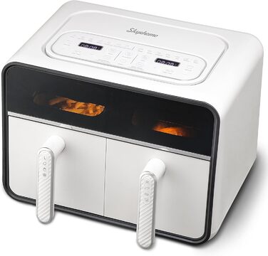 Двокамерна фритюрниця Skyehomo 2100 Вт, цифрова фритюрниця з подвійним кошиком із прозорим вікном, програми 14 в 1 і світлодіодний сенсорний екран, двокамерна фритюрниця без бісфенолу А майже без олії, резерв 24 години