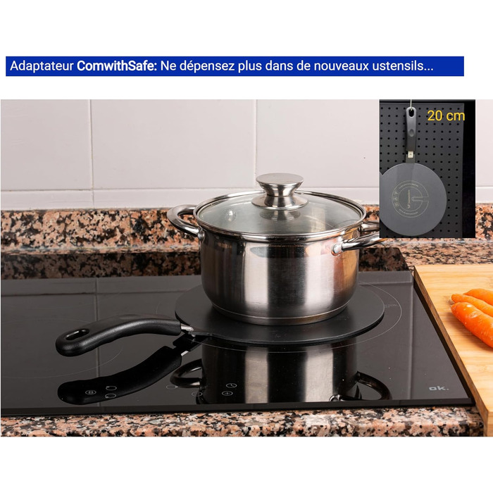 Індукційний адаптер ComwithSafe 20 см, знімна ізоляційна ручка, не змінює колір після використання, теплорозподільна пластина з чорним високотемпературним покриттям, диск індукційного/газового реле