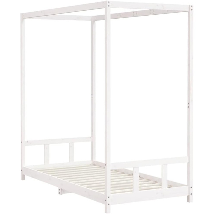 Дитяче ліжко, біле, 90x190 см, масив сосни з каркасом балдахіну та міцними дерев&39яними рейками для стійкості та вентиляції односпальне ліжко з масиву сосни з рустикальним білим покриттям 195,5 x 95,5 x 190 см