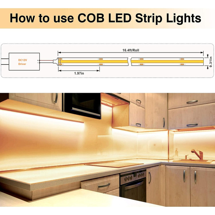 Світлодіодна стрічка COB 5м, 480 LED/м, тепле біле світло, висока щільність, 12V, 8мм, 9W/м, CRI 92, самоклеюча стрічка для непрямого освітлення спальні або кухні (без блоку живлення), 2700K, ширина 8мм