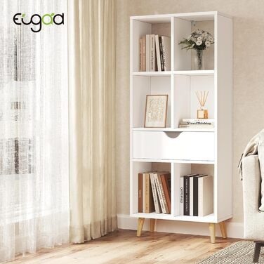 Книжкова полиця EUGAD, книжкова шафа, перегородка для кімнати, полиця для файлів, полиця для зберігання, окремостояча полиця з шухлядою та ніжками, виготовлена з МДФ, 6 полиць, біла, 50x1224 см