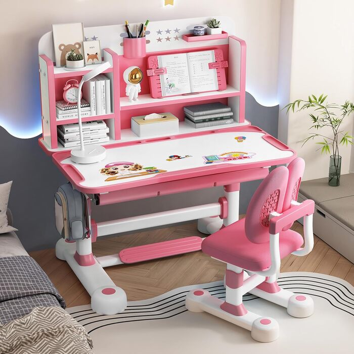 Функціональний комплект столу та стільця для дітей, ергономічний, регульований по висоті, для школи, студента, стіл, що похиляється, з шухлядою, підставкою для книг, ножною педаллю Rose