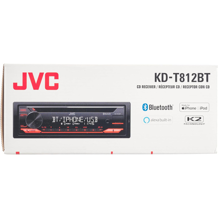 Ресивер JVC KD-T812BT із системою гучного зв'язку BT (вбудований Alexa, високопродуктивний тюнер, звуковий процесор, USB, AUX, Spotify Control, 4 x 50 Вт, підсвічування червоної клавіші) Одномісний