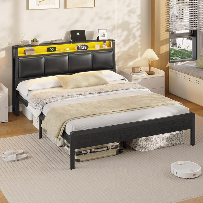 Ліжко 140 x 200, ліжко зі світлодіодним підсвічуванням, м&39яке ліжко 140x200, зарядна станція, каркас ліжка з рейковою основою, для спальні, гостьової кімнати, чорний 140 x 200 см
