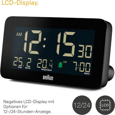 Цифровий будильник Braun з відображенням дати, місяця та температури, негативним РК-дисплеєм, швидким налаштуванням та поступовим звуковим сигналом будильника, чорного кольору, модель BC10B. у комплекті.