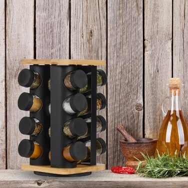Карусель для спецій Relaxdays, 16 банок для спецій, обертається на 360, нержавіюча сталь, бамбук, скло, ВxШxГ 28 x 20 x 20 см, чорний/натуральний