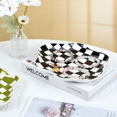 Піднос для ювелірних виробів Koythin, керамічна тарілочка для ювелірних виробів, органайзер для ювелірних виробів, картатий візерунок, естетичний, декоративний для кухні, ванної кімнати (чорно-біла шахівниця)