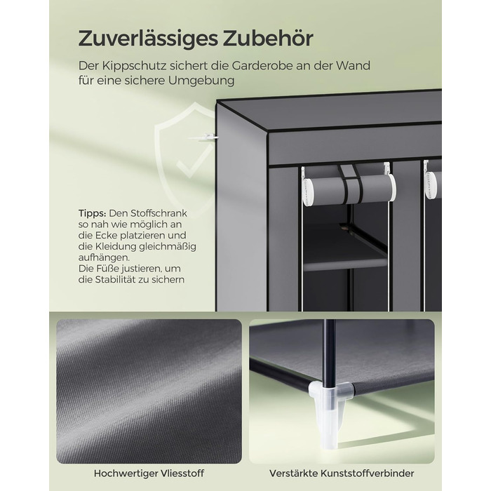 Шафа, Тканинна шафа, 12 з рейкою для одягу та полицями, Міцна шафа, для спальні, гардеробної, 150 x 45 x 175 см, Сірий LSF03G
