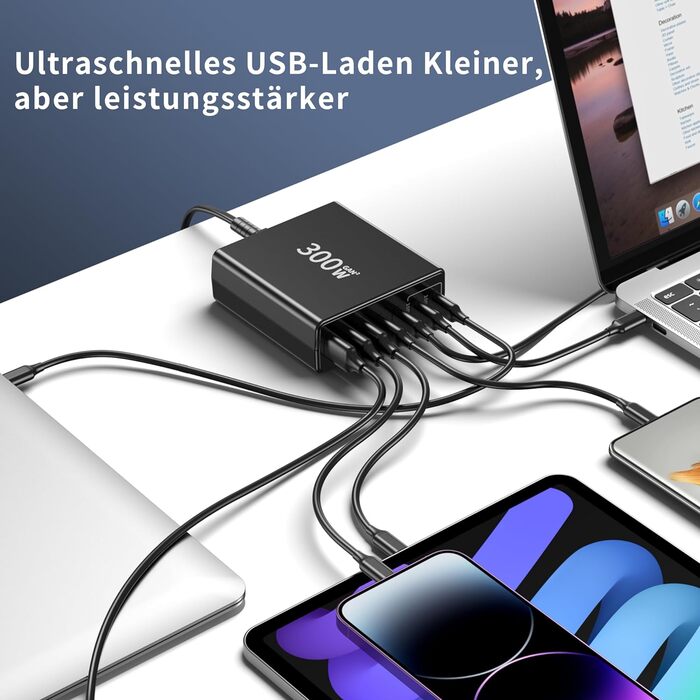 Зарядний пристрій FINIBO USB C 300 Вт 7-портовий USB-швидкий зарядний пристрій з 4 USB-C і 3 USB-A, USB AC зарядний пристрій Кільк