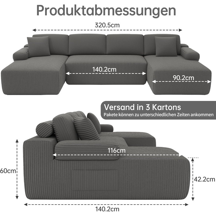 Секційні дивани DURASPACE Cloud для вітальні, модульний U-подібний диван з глибоким сидінням, диван-ліжко з вельвету з піною з ефектом пам&39яті, не потребує складання (сірий) Темно-сірий
