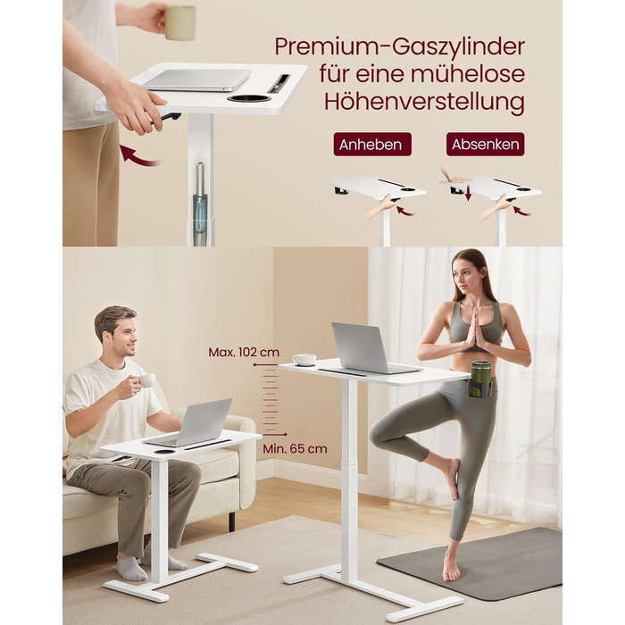 Журнальний столик VASAGLE з колесами, мобільний стоячий столик, стільниця 70 x 40 см, регульована висота, 2 підсклянники, відділення для мобільного телефону або планшета, хмарно-білий LSD600W01 70 x 40 см хмарно-білий