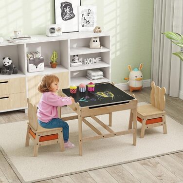 Дитячий стіл DREAMADE 3-в-1 з 2 стільцями, дерев&39яний дитячий комплект сидіння з двосторонньою магнітною дошкою, коробки для зберігання, спинки у формі ведмедика/робота, комплект дитячого столу та стільців, комплект меблів для дитячої кімнати (Ведмідь)
