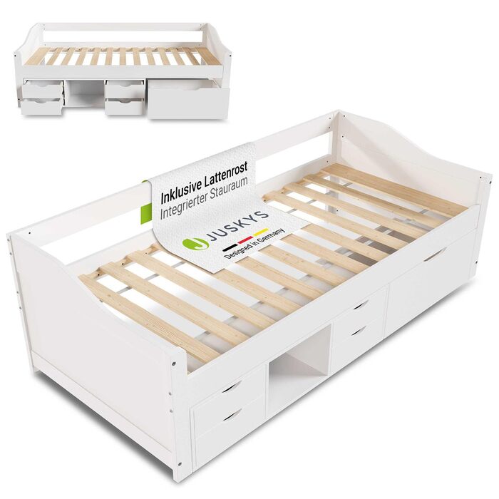 Функціональне ліжко Juskys Nalu 90x200 см - Дерев&39яне ліжко з рейковою основою та шухлядами - Ліжко з місцем для зберігання речей для дітей - Дитяче ліжко, Дитяче ліжко, Гостьове ліжко - Біле