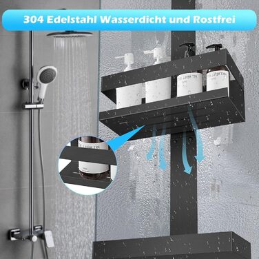 Підвісна полиця для душу з нержавіючої сталі SUS304, без свердління для скляних дверей без рами, тримач для шампуню та гелю для душу, чорний колір (Стиль А)