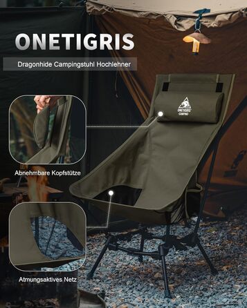Крісло для кемпінгу OneTigris DRAGONHIDE, висока спинка, складне, вантажопідйомність 125 кг, легке складне кемпінгове крісло, складне рибальське крісло з 2 боковими кишенями, надлегке складне крісло для використання на свіжому повітрі, походи, колір Range