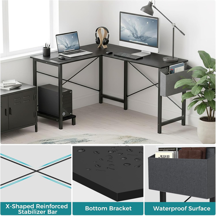 Подібний стіл OLIXIS, 50-дюймовий офісний ігровий комп&39ютерний стіл, кутовий ПК-стіл з бічною кишенею та двосторонньою полицею для домашнього офісу, навчання, письма, чорний