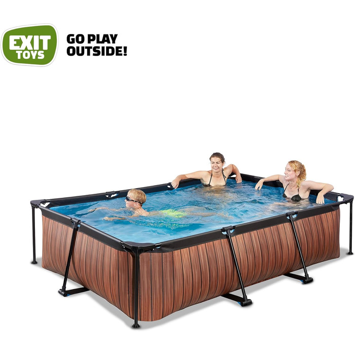 Басейн EXIT Toys Wood Pool - 300x200x65 см - Прямокутний, компактний каркасний басейн з картриджним фільтруючим насосом - Легкий доступ - Підходить для маленьких дітей - Міцний каркас - Унікальний дизайн - Коричневий