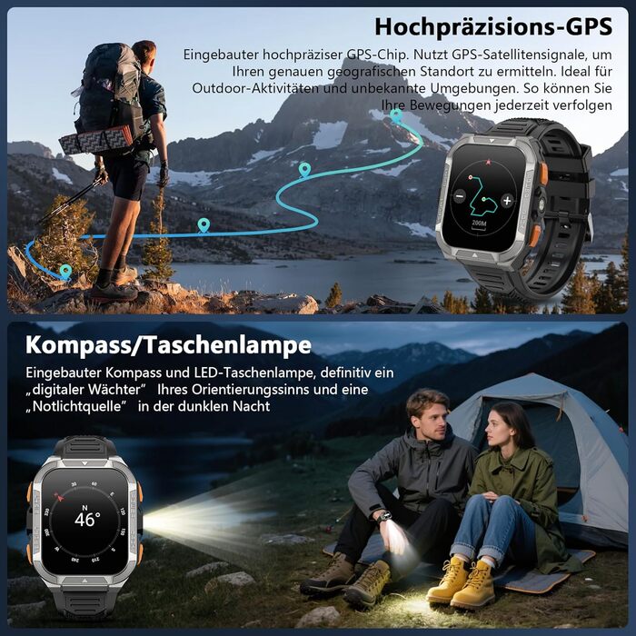 Чоловічий смарт-годинник Blackview з GPS/компасом/Bluetooth дзвінками/світлодіодним підсвічуванням/чатом/перекладачем, спортивний годинник зі 100 спортивними режимами - пульс - сон - кроки - калорії - кілометраж, фітнес-годинник для Android та iOS, GPS - 