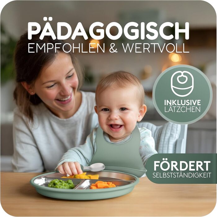 Дитячий набір посуду з нержавіючої сталі mamou, 6 предметів Тарілка та миска з кришкою, столові прибори та нагрудник Без бісфенолу А, гігієнічний та несмачний Екологічний та довговічний Дитячий та малюковий колір