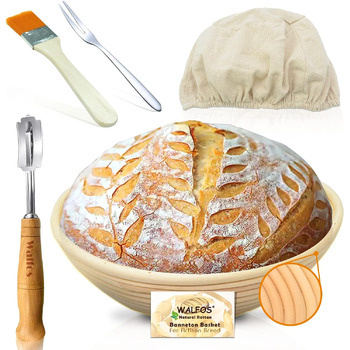 Кошик для вистоювання - Walfos Круглий кошик для випічки хлібного набору, 100 натуральний ротанг, включаючи пекарський ніж, щітку,
