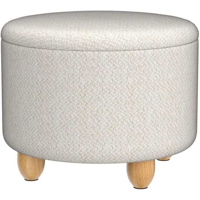 Табурет WOLTU з місцем для зберігання речей, круглий м&39який пуф для ніг, журнальний столик з ніжками з масиву дерева, пуф для ніг з кришкою, лляний чохол, Ø39x33 см, кремово-білий