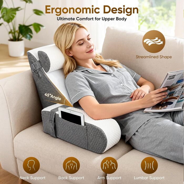 Подушка для читання зі знімним потиличним валиком та підлокітником, ергономічна подушка для спини/книги з кишенею для зберігання та чохлом, який можна прати, для ліжка та дивана для читання, роботи, сну та перегляду телевізора