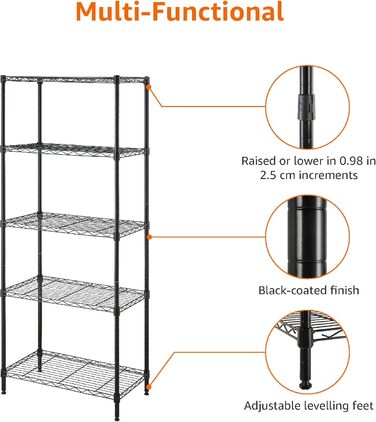 Вузька шафа для зберігання Storeo Basics з 5 полицями, регульованими по висоті полицями та ніжками, чорна, 60,1 x 35,6 x 152,4 см, без коліс Чорна 5 полиць 60,1 x 35,6 x 152,4 см Без коліс