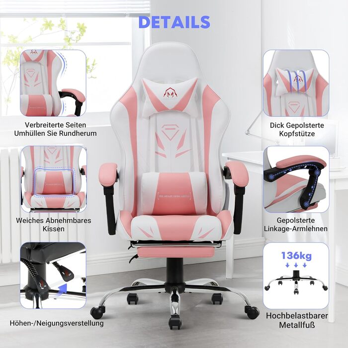 Ігрове крісло COLAMY, комп&39ютерне крісло з підставкою для ніг та поперековою опорою, регульоване по висоті ігрове крісло з поворотним на 360 сидінням та підголівником, крісло для відеогеймерів, ергономічна висока спинка, рожевий сучасний колір