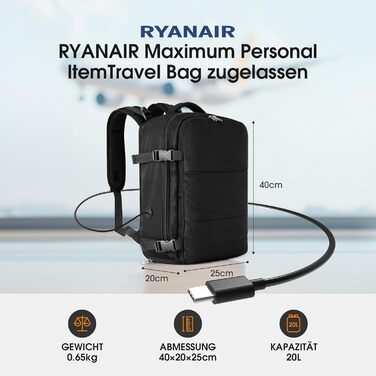 Рюкзак для ручної поклажі Ryanair, 40x20x25 см, 12 кишень, салонна поклажа з окремим відділенням для взуття, для жінок та чоловіків, 20 л, чорний.
