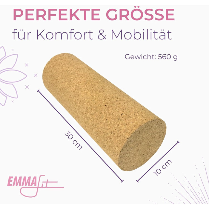 Ролик для фасцій EMMAfit Cork Нековзний корковий ролик для тригерних точок та напруження Невеликий ролик для фасцій з натурального корка Гігієнічний та екологічно чистий Міцний ролик для масажу фасцій 30 x 10 см