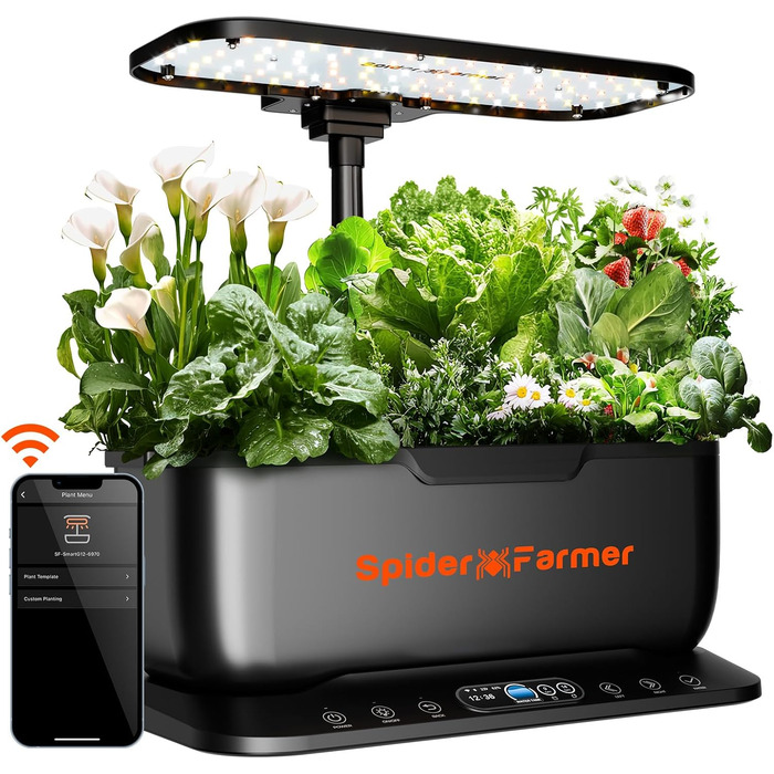 Гідропонна система вирощування Spider Farmer SmartG12, 12 стручків для внутрішнього саду зі світлодіодною лампою для рослин 36 Вт повного спектру, керування APP та WiFi, резервуар для води 6 л, система насосів, автоматичний таймер